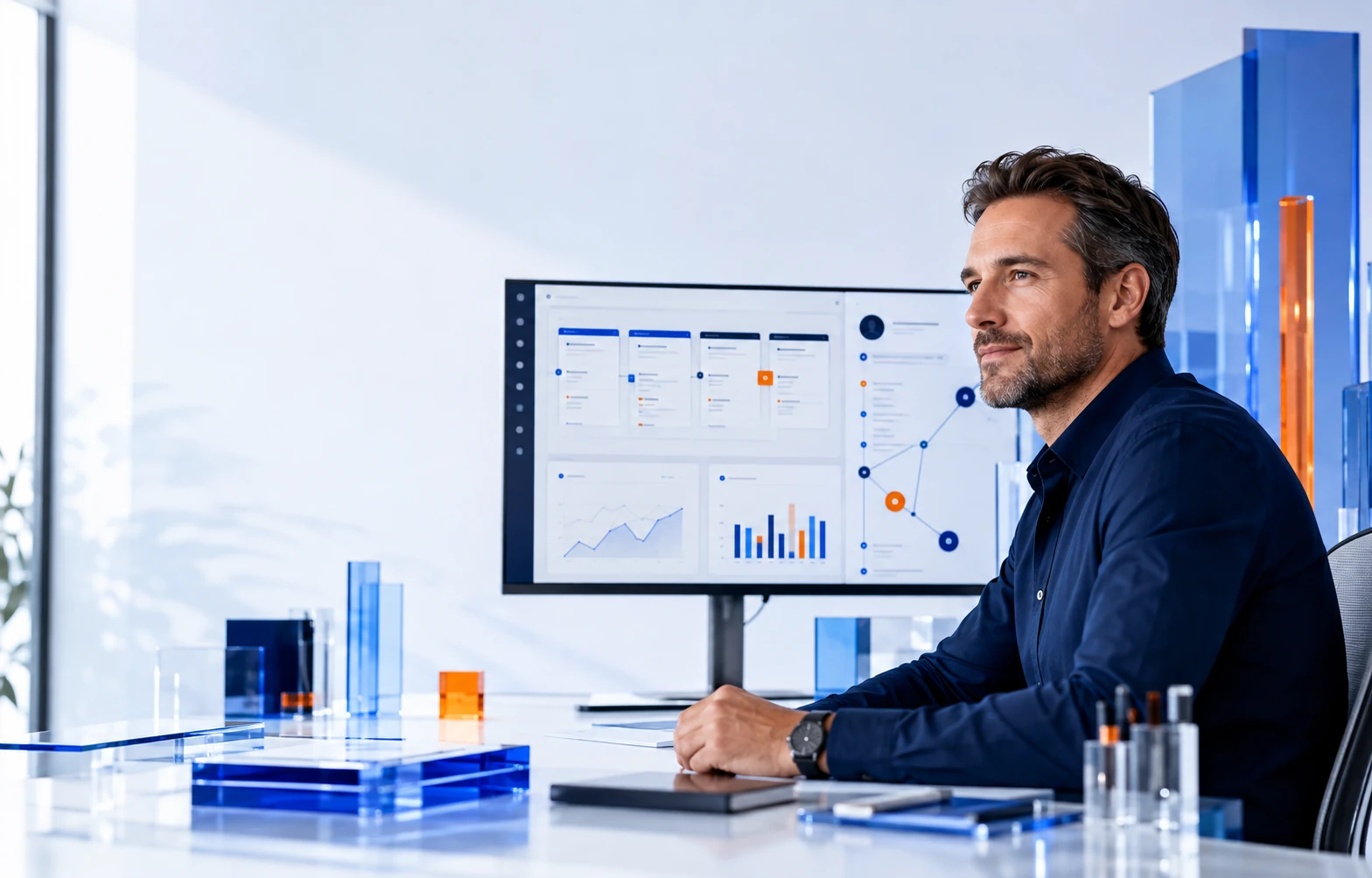 Руководитель работает с CRM SABSUS и видит воронку, профиль клиента и аналитику