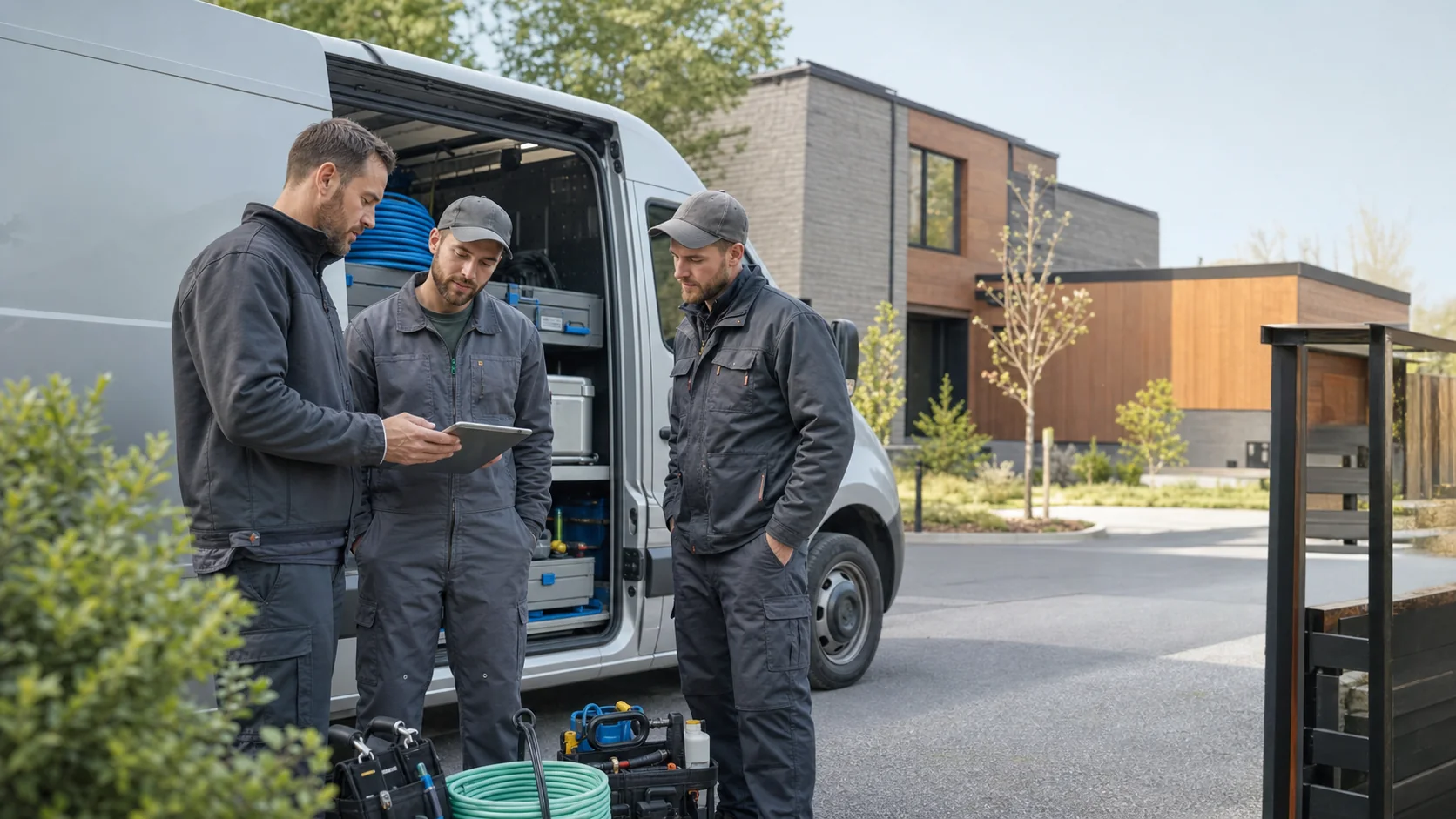 Field service crew reviewing a customer job before departure